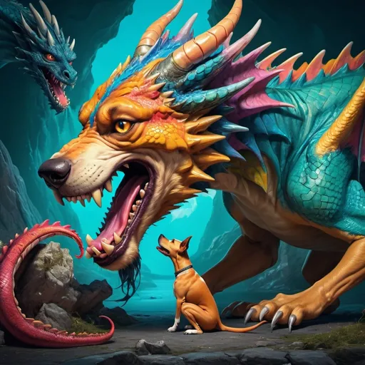 Prompt: (bizarre scene of a dog devouring a dragon), surreal fantasy, vibrant colors, exaggerated features, whimsical ambiance, playful undertones, (dramatic contrast in size), detailed textures on both animals, dynamic composition, lively background with fantastical elements, imaginative environment, ultra-detailed, 4K quality