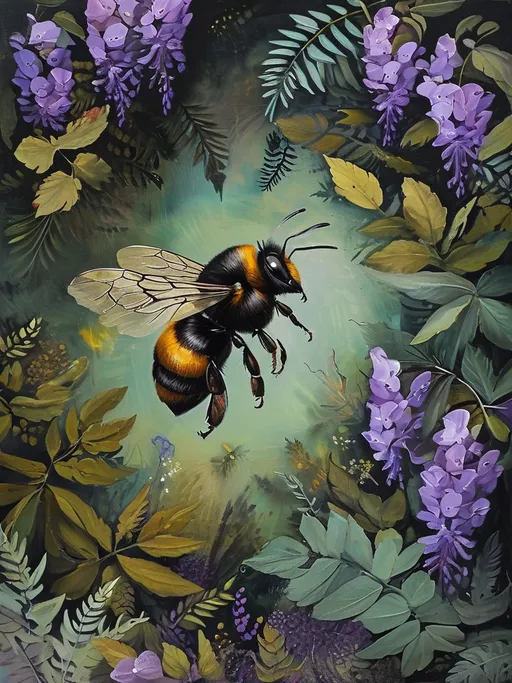 Prompt: a painting of a black bee flying with a logo listed below "bee the new tranquility" ; use purple green and black colors, use the garden shape in the background

