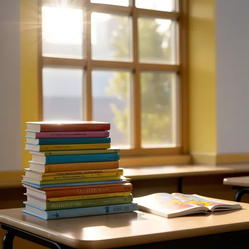 Prompt: stack of children's books on a school desk in front of a sunny window in a classroom