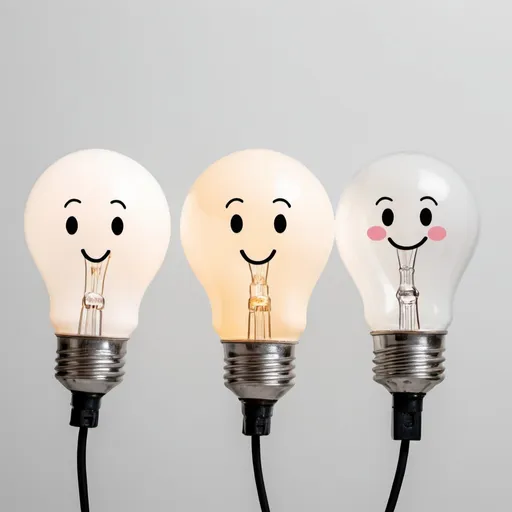 Prompt: Three large light bulbs appear on a white background and under each one, a plug. Two light bulbs have a sad facial expression and the middle light bulb is happy. The sad light bulbs are off because their cable is short and does not reach the socket. The happy light bulb has an extension cord that connects its cable to the plug and makes it shine.
