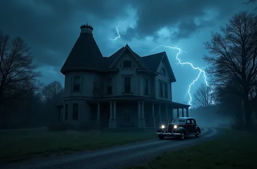 Prompt: Stormy afternoon scene, black 1930's sedan parked, entrance of an abandoned spooky haunted Victorian mansion, ominous shadows, foreboding atmosphere, no lights on, electric blue lightning slicing through a dark, swirling sky, vibrant contrasts between the deep grays and black of the stormy clouds, hyper-realistic detail, high-quality image, evocative, tension filled mood, reminiscent of classic horror films.