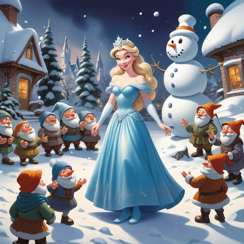 Prompt: a snow princess surrounded by dwarfs and dwarfs with snowmen around her, and a snowman in the background, disney, magical realism, official art, a storybook illustration