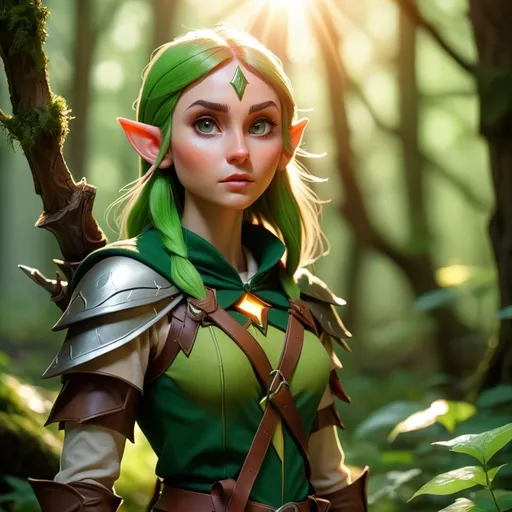 Prompt: Elf ranger in a mystical forest around sunlight