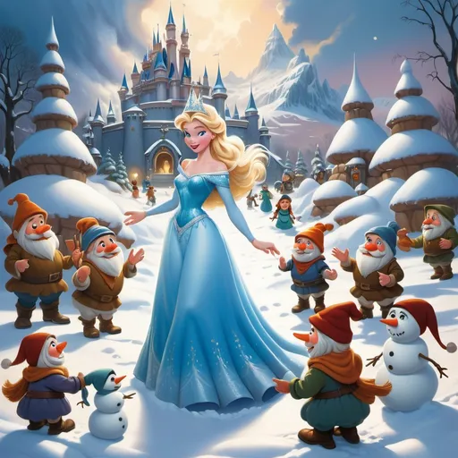 Prompt: a snow princess surrounded by dwarfs and dwarfs with snowmen around her, and a snowman in the background, disney, magical realism, official art, a storybook illustration