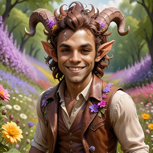 Prompt: male satyr fey creature smiling, wearing brown leather vest, standing in field of flowers, looking at camera, multi-colored flowers and trees in background, colorful flower petals flowing around them, (fantasy, dnd style), ethereal lighting, vibrant and magical color tones, enchanting atmosphere, high detail, romantic and otherworldly mood, ultra-detailed, 4K resolution, high quality, fantastical landscape in background.