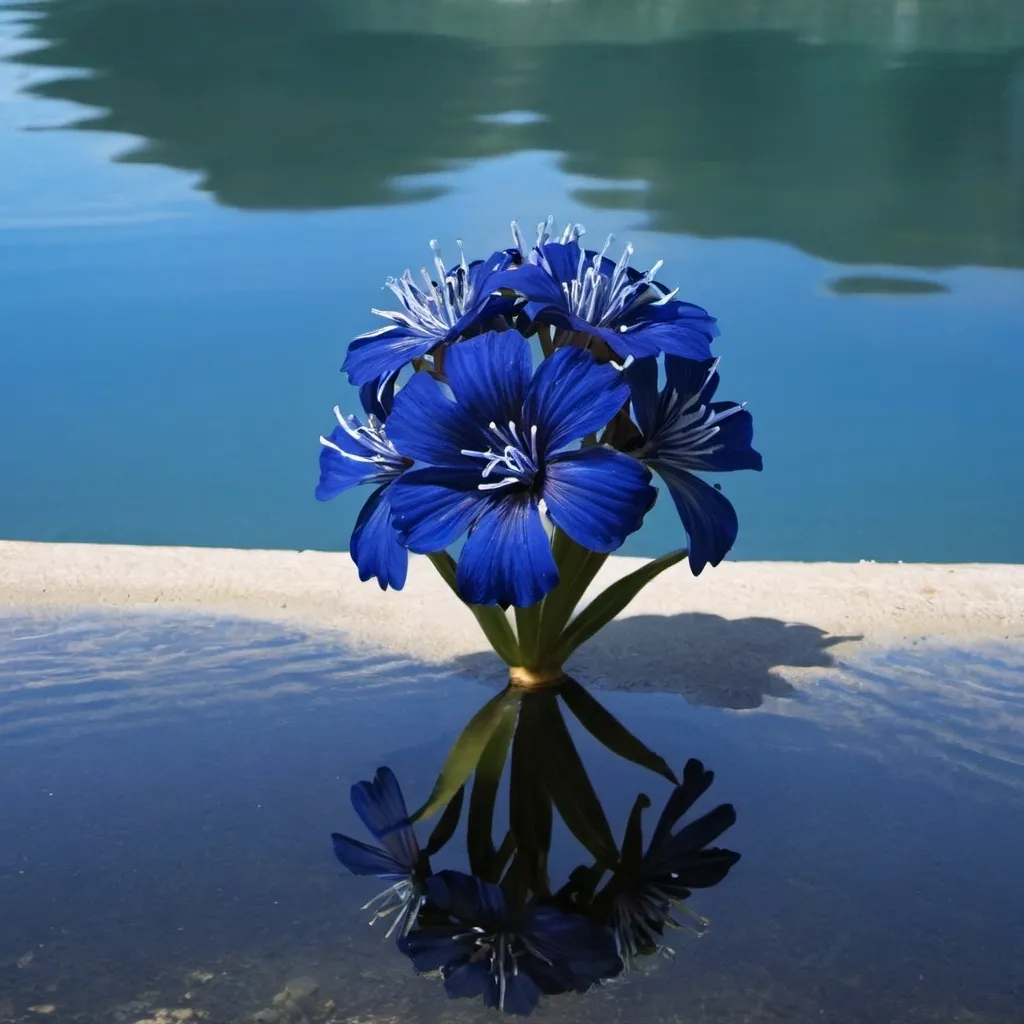 Prompt:  dark blue flower plant. by a the caribbean sea
 on a sunny day with reflection in the water