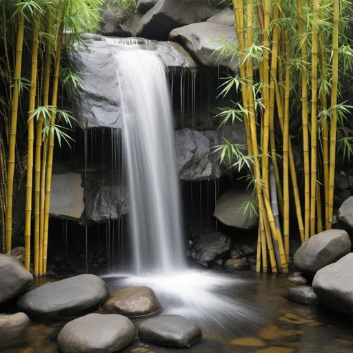 Prompt: waterfall with dark yellow, grey, white and bamboo
 