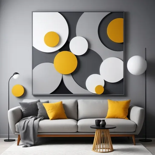 Prompt: Create an Image with grey and dark yellow for my white living room wall to match with other accessories