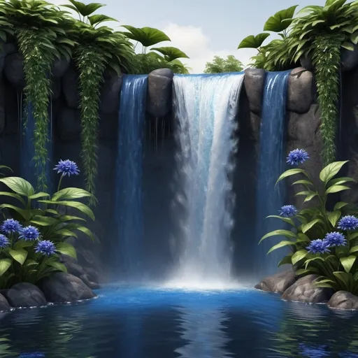 Prompt: waterfall with dark blue flower plant. make the water more real and a fish jumping up the falls
 