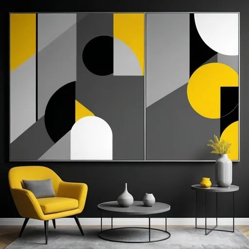 Prompt: abstract wall art only, no furniture and accessories  (grey) and (dark yellow) color palette, visually striking design, modern geometric shapes, 4K 