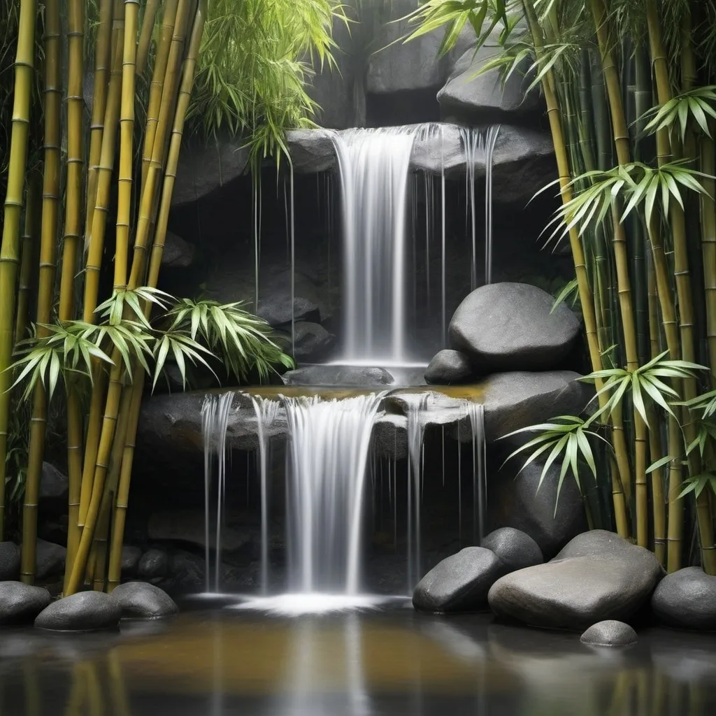 Prompt: waterfall with dark yellow, grey, white and bamboo. make the water more real
 