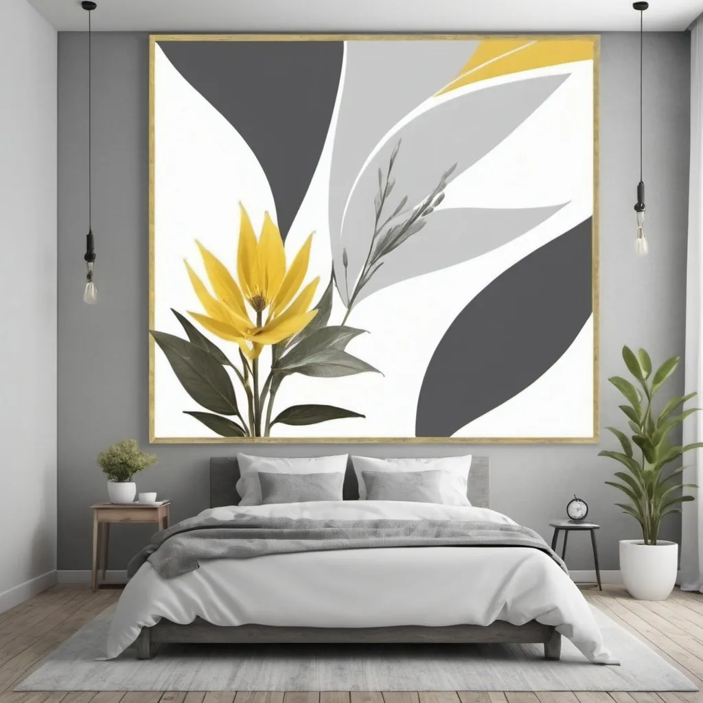 Prompt: design a picture frame of a plant with flower with grey white and dark yellow 