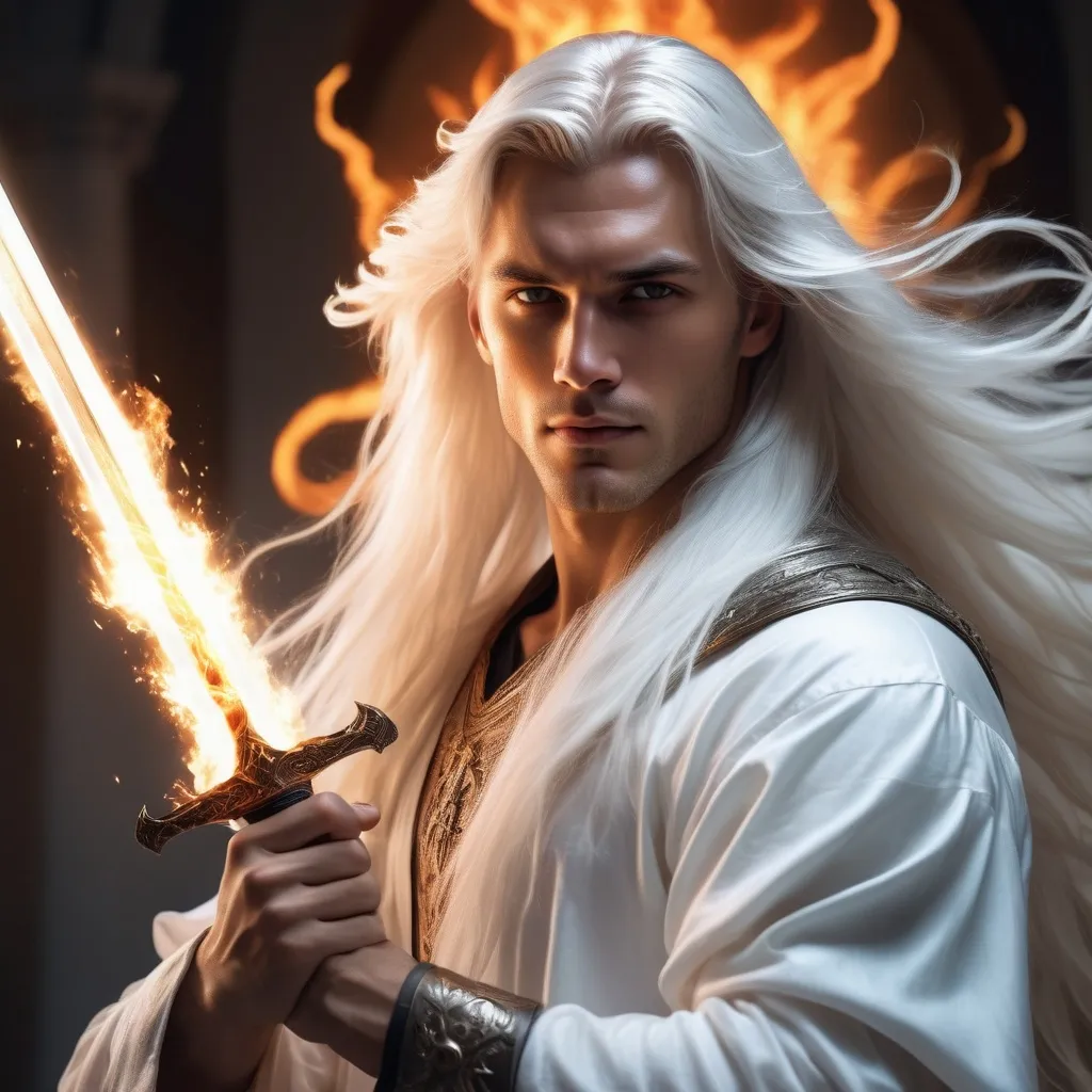 Prompt: Tall handsome angel with long white hair glowing all over with energy and a flaming sword, hyper realistic, powerful