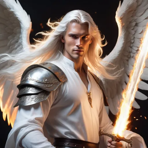 Prompt: Tall handsome angel with long white hair glowing all over with energy and a flaming sword, hyper realistic, powerful