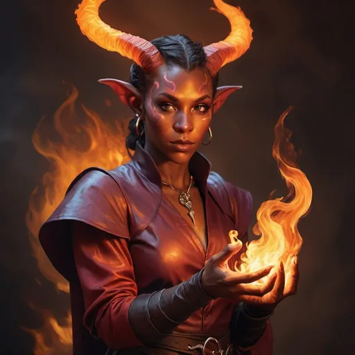 Prompt: hyper-realistic Tiefling character with fire hands, fantasy character art, illustration, dnd, warm tone