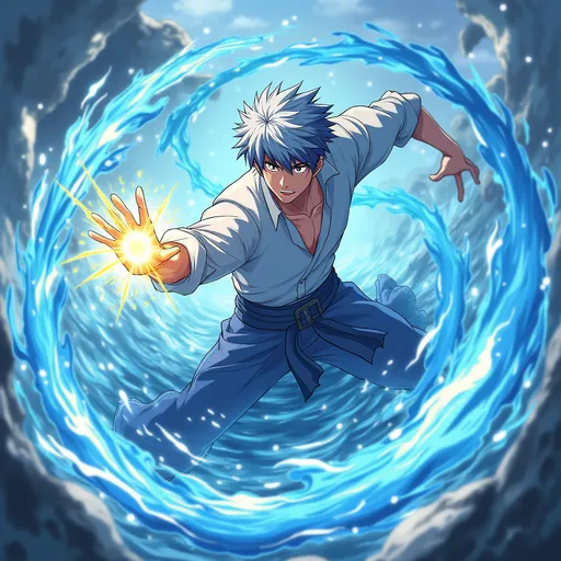 Prompt: A dynamic anime scene of a man wielding light magic intertwined with flowing water magic, surrounded by sparkling energy effects. Vivid colors evoke an energetic atmosphere with shades of blue, white, and radiant gold. The expression on his face showcases determination and concentration. The background features a mystical water landscape, enhanced with shimmering light, emphasizing a high-quality, ultra-detailed illustration that captures the essence of magical realism.
