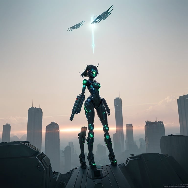 Prompt: Anime girl with a grenade launcher arm and railgun/auto-cannon arm, wearing a sci-fi mask, hovering in mid-air, black hair to elbows, three green eyes, futuristic cybernetic enhancements, intense and focused gaze, sleek and futuristic design, high-tech sci-fi weaponry, cool-toned anime illustration, detailed cybernetic enhancements, hovering in mid-air, best quality, highres, ultra-detailed, anime, sci-fi, cool tones, futuristic, detailed eyes, sleek design, professional, atmospheric lighting. Blue energy.