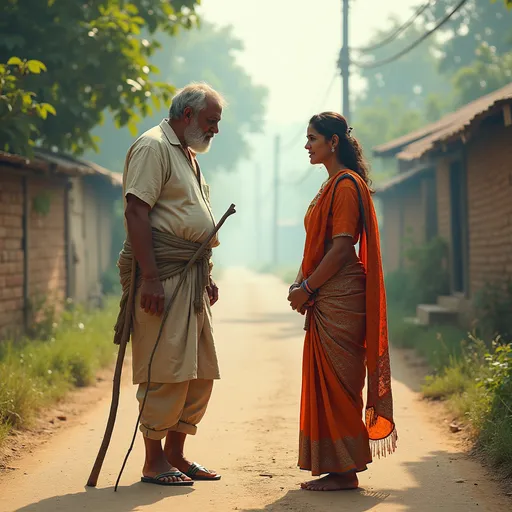 Prompt: A man standing on road of village having a stick in hi hand and bending partially and cannot walk properly and talking to a beautiful women who is in traditional village dress but at that time he saw his daughter talking to an old man he rebuked at his daughter and asked him to go and he also warned an old man not talk to his daughter next time