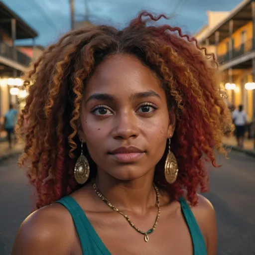 Prompt: Cinematic, realistic, close-up, cinematic documentary of a beautiful Papua New Guinea 22-year-old woman with vibrant curly hair and eyes the hue of twilight, embracing the lively spirit of New Orleans, Louisiana, the city’s music and history resonating with her adventurous heart, shot with a Canon EOS R --ar 9:16 --stylize 750
