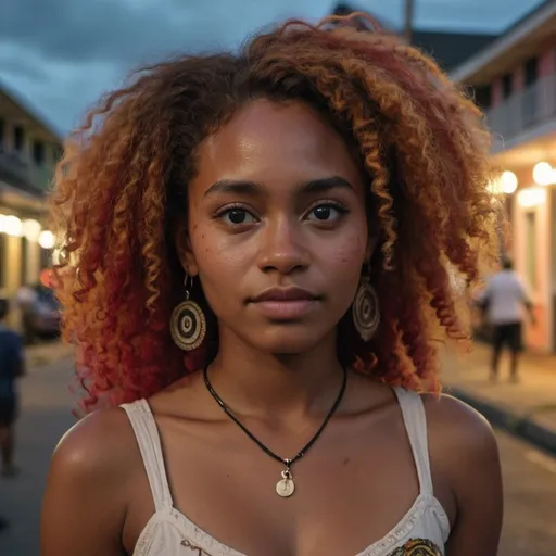 Prompt: Cinematic, realistic, close-up, cinematic documentary of a beautiful Papua New Guinea 22-year-old woman with vibrant curly hair and eyes the hue of twilight, embracing the lively spirit of New Orleans, Louisiana, the city’s music and history resonating with her adventurous heart, shot with a Canon EOS R --ar 9:16 --stylize 750