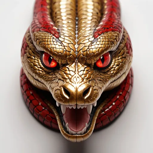 Prompt: a scary evil looking golden snake head with the letter 'H' on its forehead, with tribal designs resembling scales carved onto a perfect golden circle, the circle is cracked and red hot, menacing, bright lighting, high depth of field, HD, UHD, 8K, realistic, photorealistic, smokey, shiny golden reflection, white background