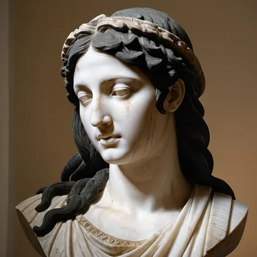 Prompt: marble sculpture, serene face.hellenistic 1st century AD,soft lighting, goth, straight hair