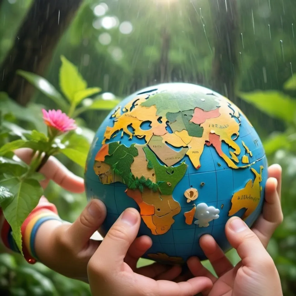 Prompt:  beautiful globe with hands ,Sunshine, rain forests, clouds, little happy children