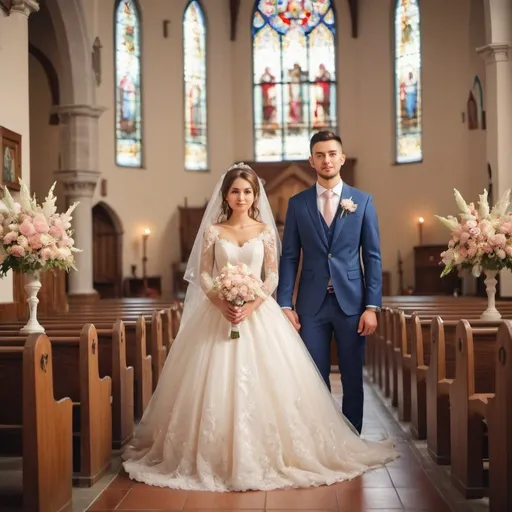 Prompt: Young beautiful bride and groom in a church, flower decorations, high quality, elegant, romantic, traditional, detailed lace gown, handsome groom in classic suit, soft pastel tones, warm lighting