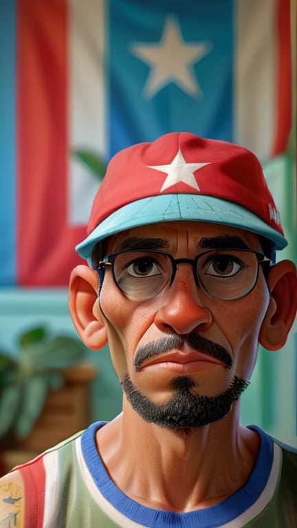 Prompt: image of a 30 year old man, of Cuban origin, short black hair, WEARING glasses and A BLACK MASK, WEARING a sleeveless shirt with blue, red and white colors, worn black shorts, Nike tennis shoes, standing in his bedroom in Cuba, on the wall the text "Patria Vida y Libertad", and the flag of Cuba, IT'S NIGHT. HE IS IN FRONT OF THE CAMERA, LOOKING STRAIGHT AND CENTERED CENTRAL PORTRAIT, FRONT VIEW, CENTERED LOOKING STRAIGHT. THE ATMOSPHERE OF CUBA, THE IMAGE SHOULD CONVEY A CONNECTION WITH THE PEOPLE OF CUBA, IN A HOME IN CUBA, 8K RESOLUTION