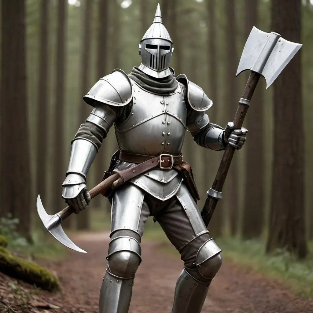 Prompt: A tin man ranger with two axes