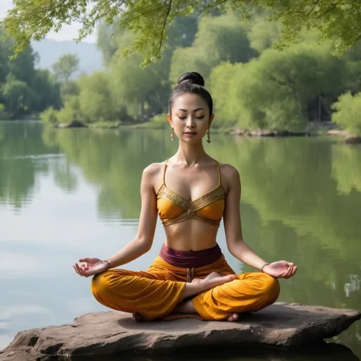 Prompt: Please, create a photo of Goddess Tara meditating by a lake showing trees on the background.