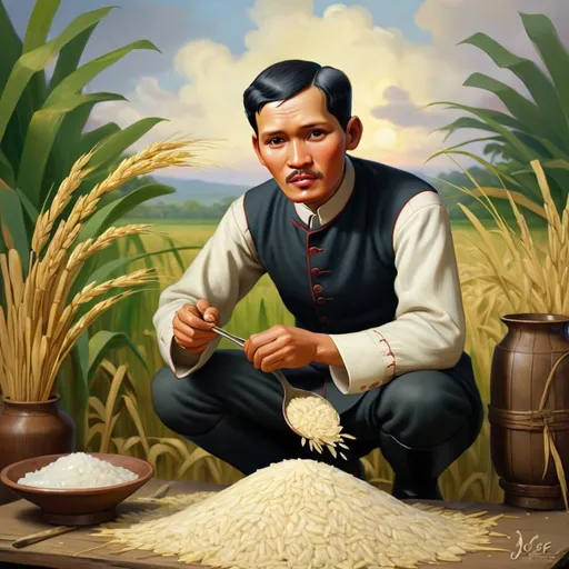 Prompt: Jose Rizal Philippine national hero panting a rice grains 