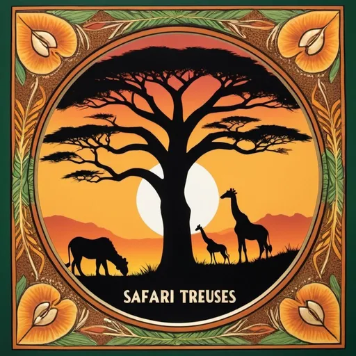 Prompt: Safari Treasures:

The logo features a majestic African safari scene, with an iconic acacia tree silhouetted against a golden sunset. In the foreground, a proud lion stands, representing strength and regality, while a graceful giraffe bends down to drink from a shimmering watering hole. The scene is framed by lush green foliage and dotted with colorful tribal patterns, symbolizing the diversity and vibrancy of East African culture. Above the scene, the words "Safari Treasures" are written in bold, elegant lettering, capturing the essence of adventure and discovery.