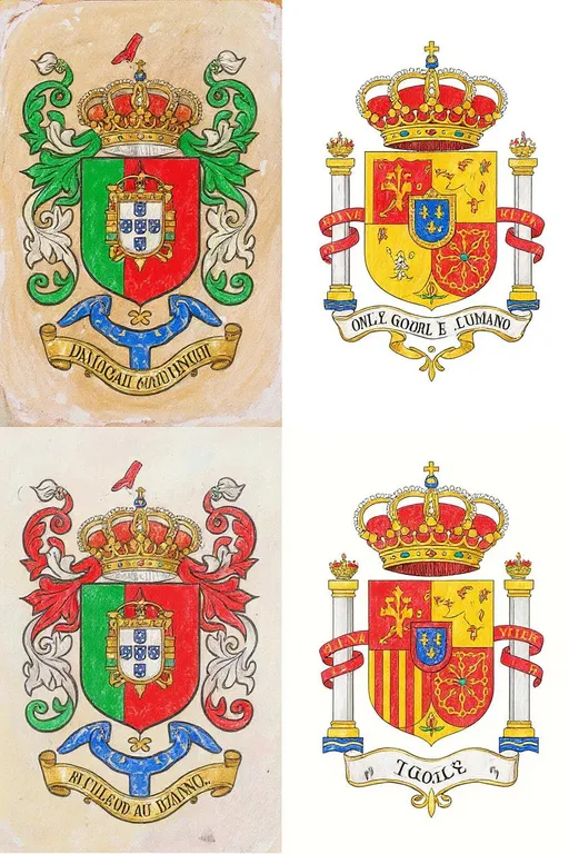 Prompt: Uma mistura de Portugal, Itália e Espanha, que tenha um cachorro em formato de desenho  no meio e tenha algo do brasão dos bueno e que diga como somente Deus segura a mão do rei 
