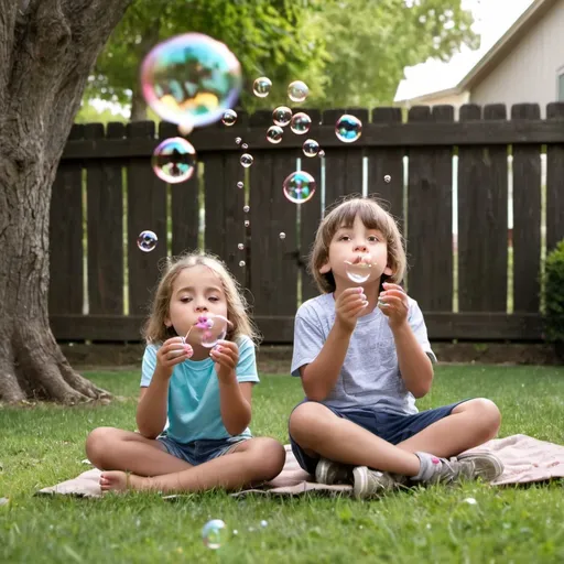 Prompt: Kids blowing bubbles in backyard sitting under a tree