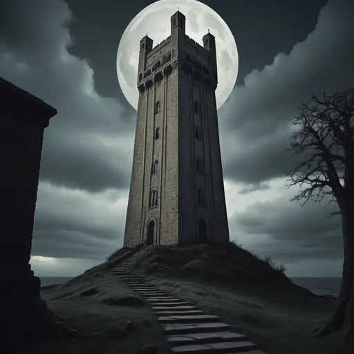 Prompt: Photo realistic image based on the tarot card "the tower". Give it Lovecraft twist. Make it dark and broody feel. Make the image look like it was taken on a 35mm colour camera.