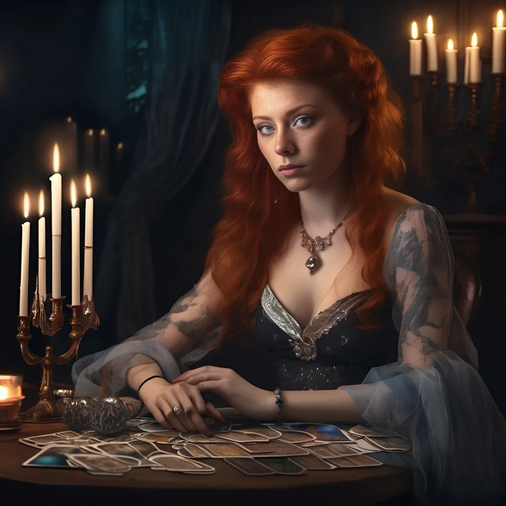 Prompt: Style Photorealistic. A young attractive red haired woman sits at a table looking directly at us. She is wearing a stunning dress. On the table are candles, crystal ball and tarot cards.