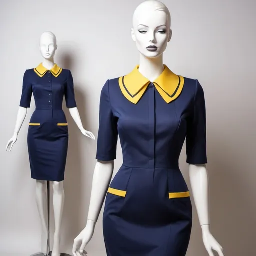 Prompt: “Create a professional fashion designer sketch of a mannequin flight attendant dress for Ryanair. ONLY THE DRESS. Hand made. The dress should be knee-length in navy blue, featuring half sleeves and a thin stripe YELLOW below the collar. NO jacket, pants, or accessories. The sketch should be presented on a mannequin without any human features, focusing solely on the dress design. Ensure that the mannequin is simple and featureless, highlighting only the dress.”