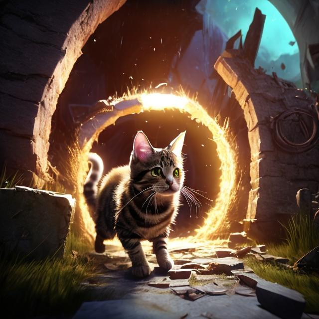 Prompt: a cat messanger comin through a portal from a ravaged world

