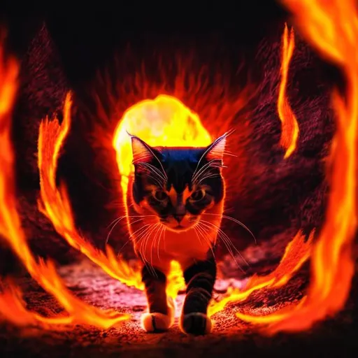 Prompt: cat coming through a fiery portal 