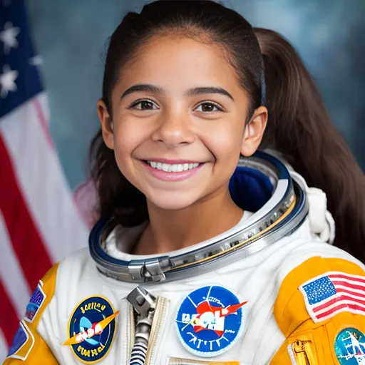 Prompt: Young Latina astronaut with a perfect smile, wearing a flight suit, captured in a professional, high-quality, realistic photograph, featuring detailed facial features and a youthful appearance, exuding a happy expression in bright lighting, depicting a joyful moment of achievement. Traditional, classic portrait style.