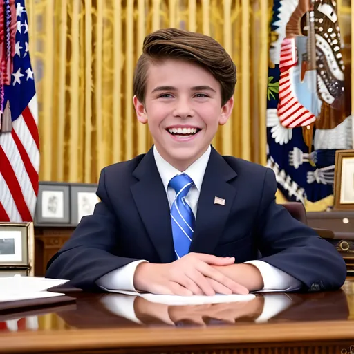 Prompt: Young brunette caucasion boy president with a perfect smile, wearing a presidential suit, behind the desk in the Oval Office, captured in a professional, high-quality, realistic photograph, featuring detailed facial features and a youthful appearance, exuding a happy expression in bright lighting, depicting a joyful moment of achievement. Traditional, classic portrait style.