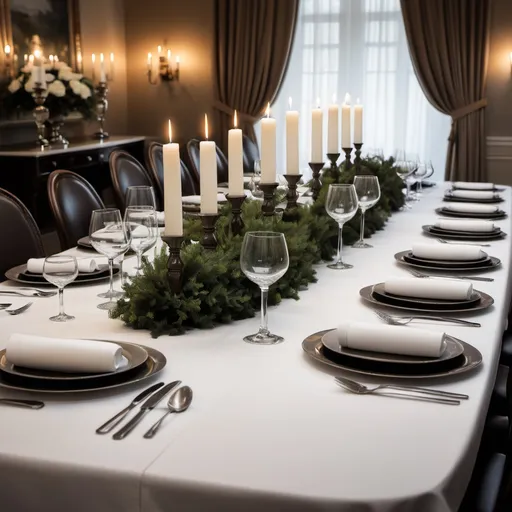 Prompt: A classic dining table set up for a formal dinner.