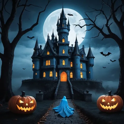 Prompt: a haunted castle on halloween night with a big blue full mon