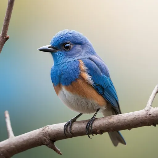 Prompt: a little blue bird on a branch, simple background, with something in its beak, with slightly big eyes, and vibrant shades, 