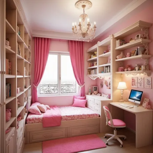 Prompt: imagine a girls room with suitable color combination and intricate details, with a wooden bookshelf and cupbourd, a single bed, window, balcony, desk under bed, 