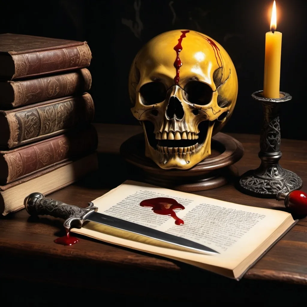 Prompt: Metal dagger with blood drips, momento mori engraving, folk design handle, horror background, high contrast, dark tones, eerie atmosphere, gothic style, detailed engravings, chilling lighting, a table in backgroud with some book about evil spirit and all that, a yellow transluscent globe in a corner