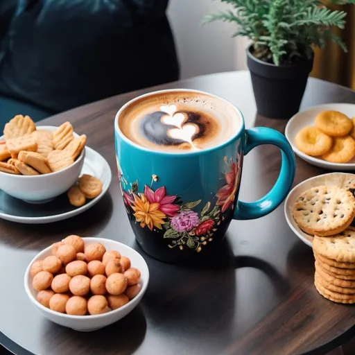 Prompt: an elegant decorative impressive big mug with coffee on a table with some snacks, colourful, 