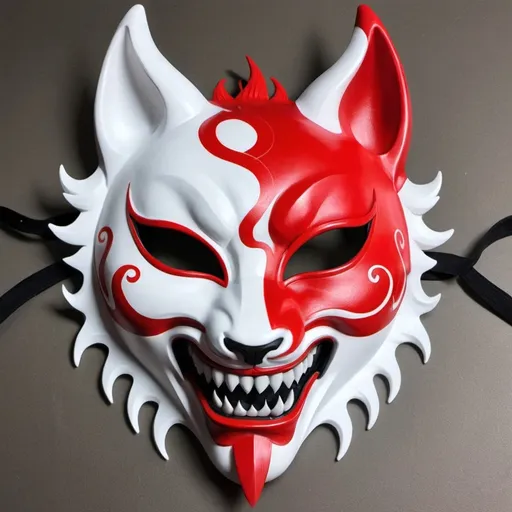 Prompt: an amazing mask half red and half white inspired by tale of the nine tailed