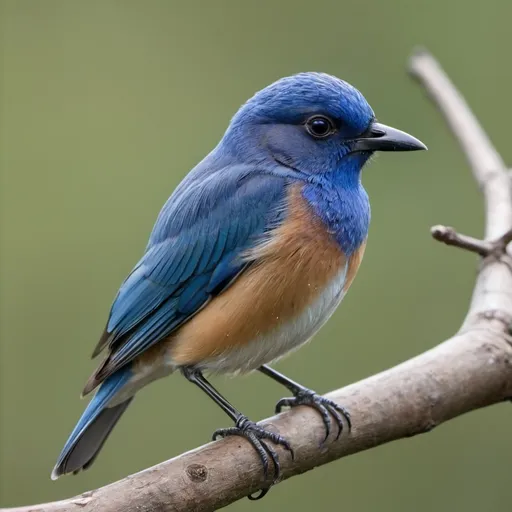 Prompt: a little blue bird on a branch, with something in its beak, with slightly big eyes, and vibrant blue shades including navy blue, a pond in background